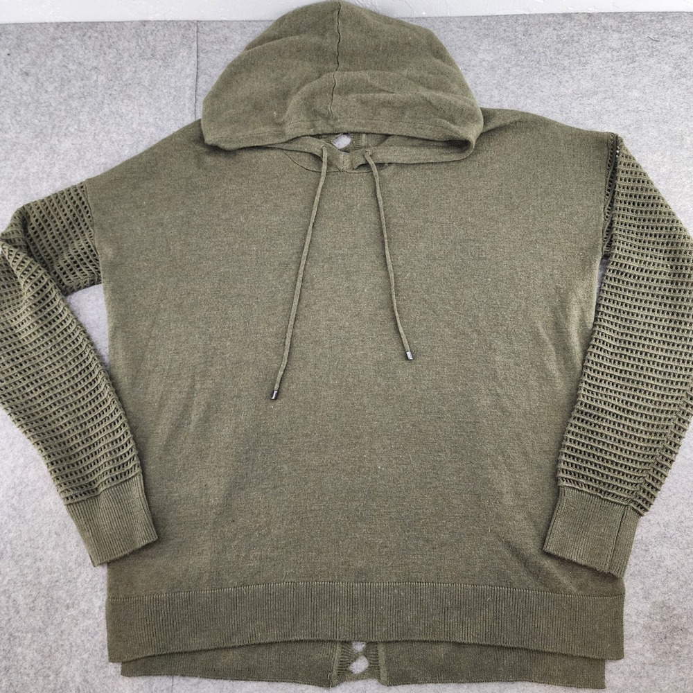 Stitches & Stripes Olive Green Crochet Mesh Sleeve Cutout Back Hoodie Medium